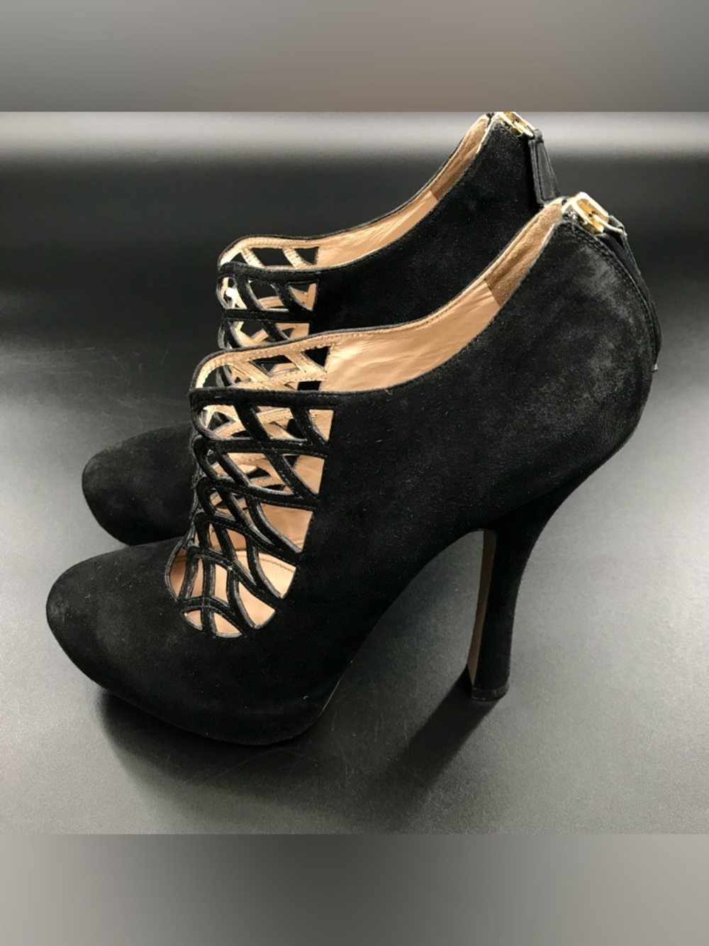 Prada Camoscio Black Suede Cutout Platform High Heel Ankle Booties Size 40.5